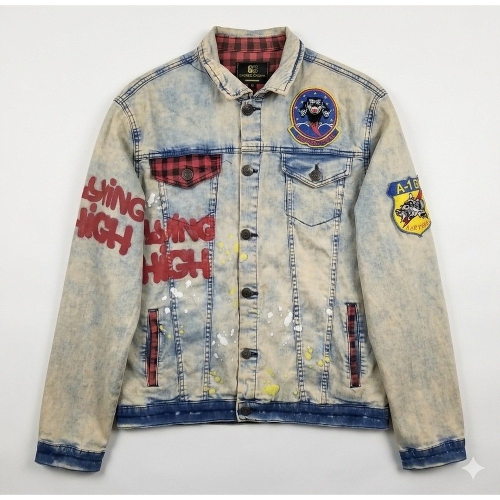 Sacred Crown Acid Wash Denim Jacket Flying High Graffiti Patches Lg Streetwear